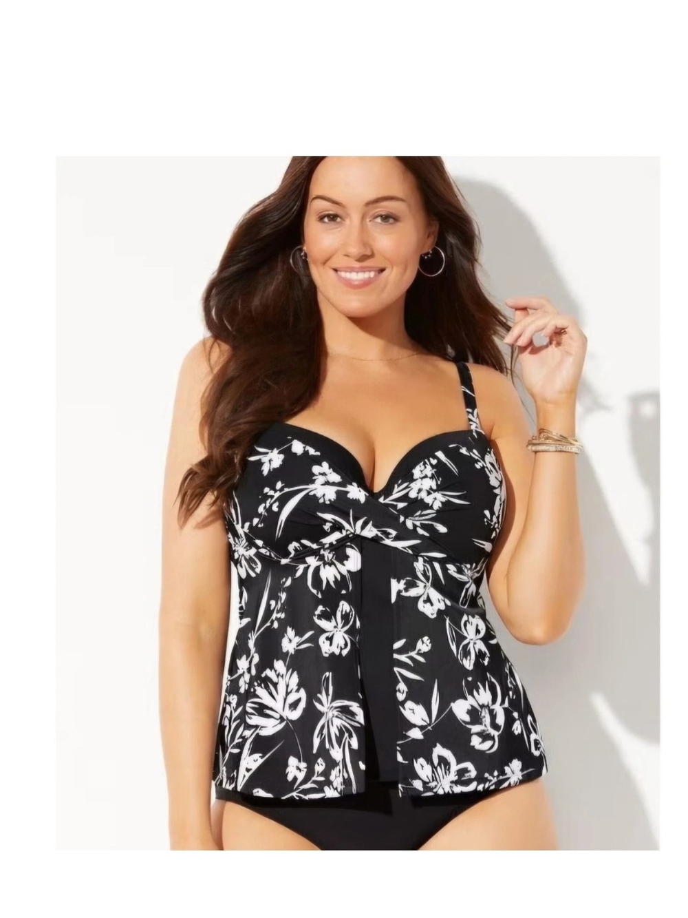 Swimsuits For All Tankini Top Built In Underwire Bra Black White Floral Sz 22